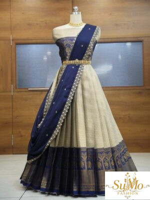 White and blue half saree material