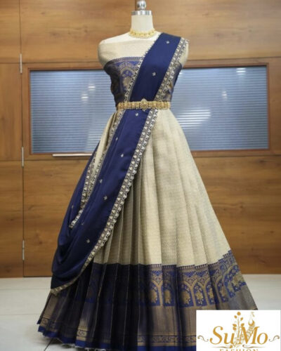 White and blue half saree material