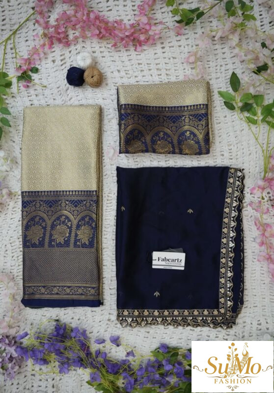 White and blue half saree material