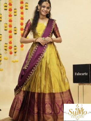 Yellow and purple half saree material