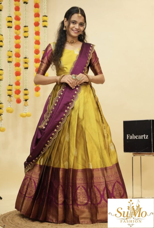 Yellow and purple half saree material